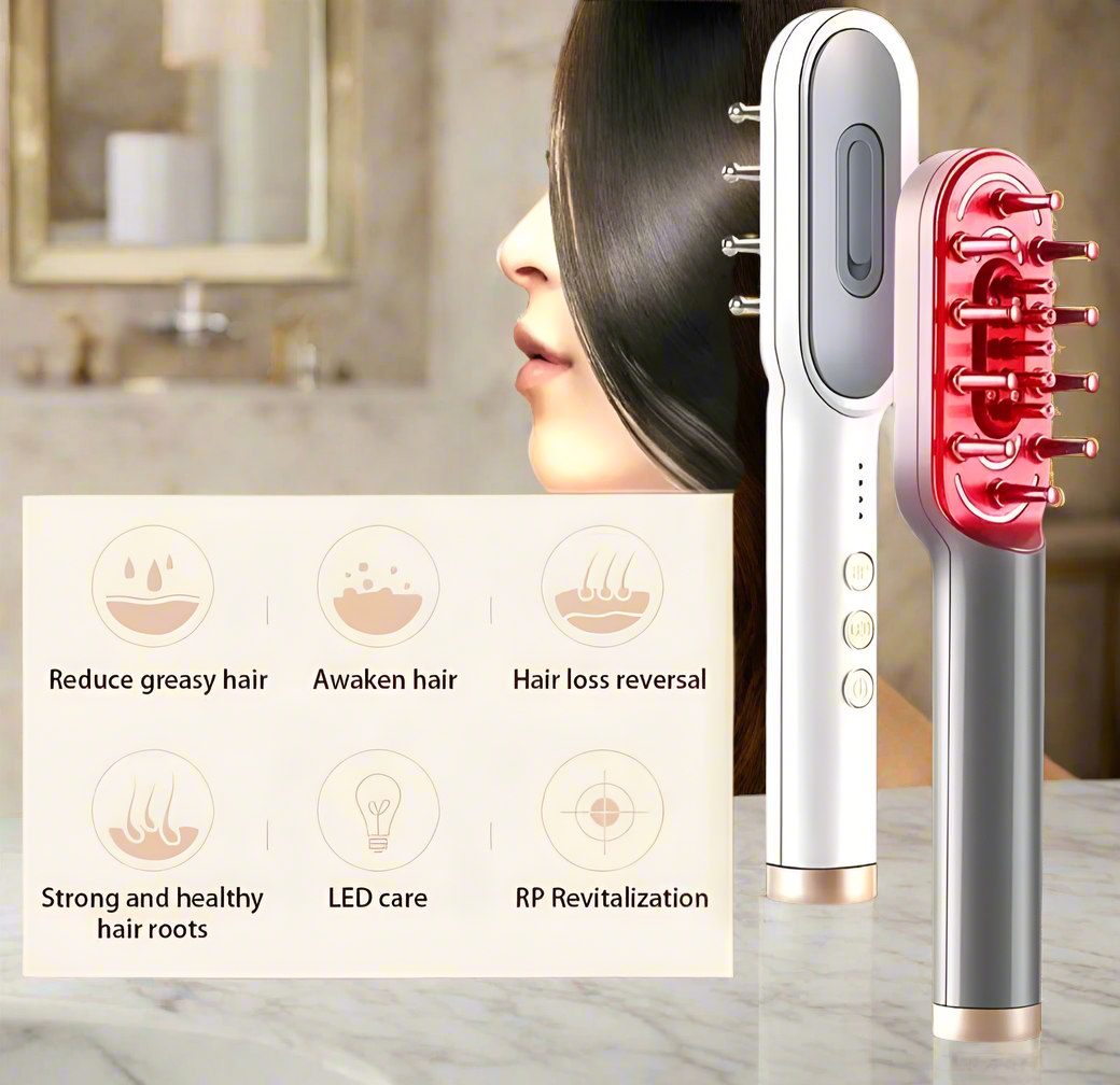 LED/RF Hair Brush with 1x complementary 50ml Drops of Opulence Hair Oil
