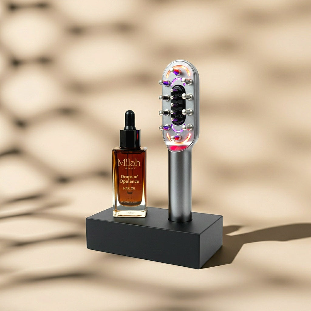 LED/RF Hair Brush with 1x complementary 50ml Drops of Opulence Hair Oil